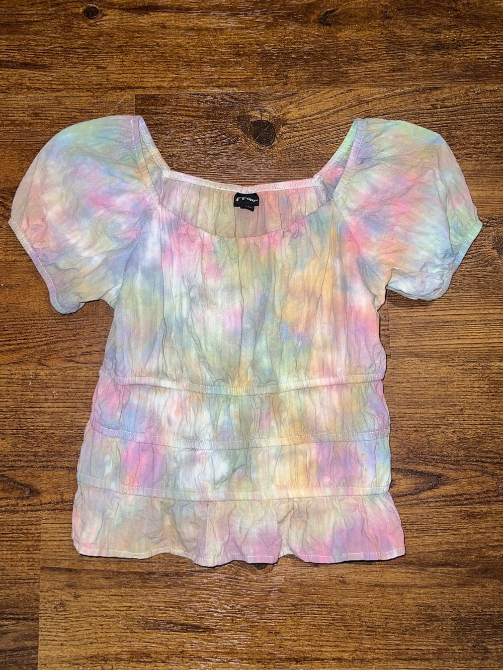 Art Class Girls Pastel Tie-Dye Smocked Puff Short Sleeve Top Size XL (14)